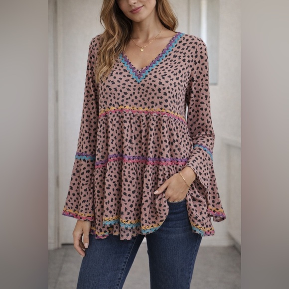 Savanna Jane Tops - Savannah Jane Boho Leopard Embroidered Babydoll Blouse Size M